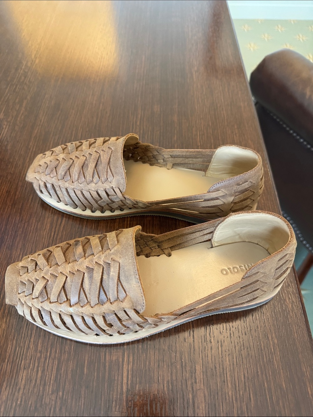 Woven Leather Huarache Slip-On Flats - Taupe